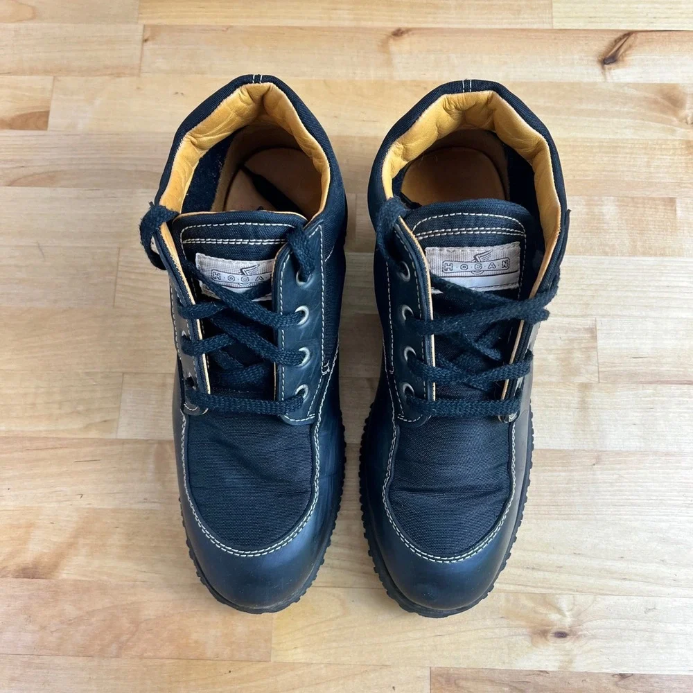 Hogan Black Leather Canvas Lace Up Ankle Boots Italian Designer Shoes‎ Size 39